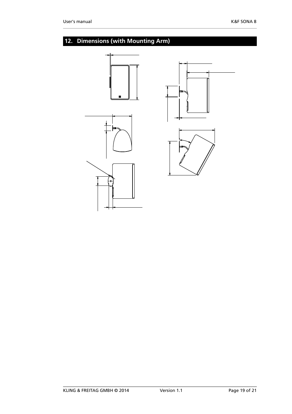 Dimensions (with mounting arm) | KLING & FREITAG K&F SONA 8 User Manual | Page 19 / 21