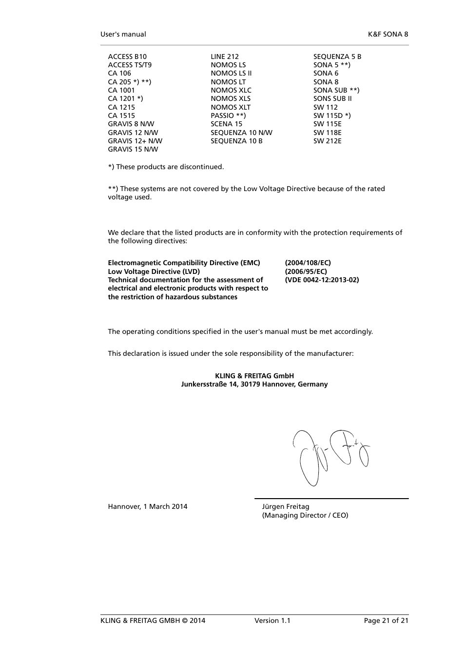 KLING & FREITAG K&F SONA 8 User Manual | Page 21 / 21