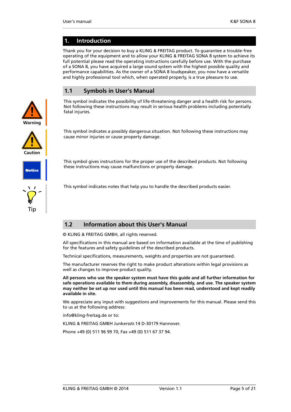 Introduction, Symbols in user's manual, Information about this user's manual | 1 symbols in user's manual, 2 information about this user's manual | KLING & FREITAG K&F SONA 8 User Manual | Page 5 / 21