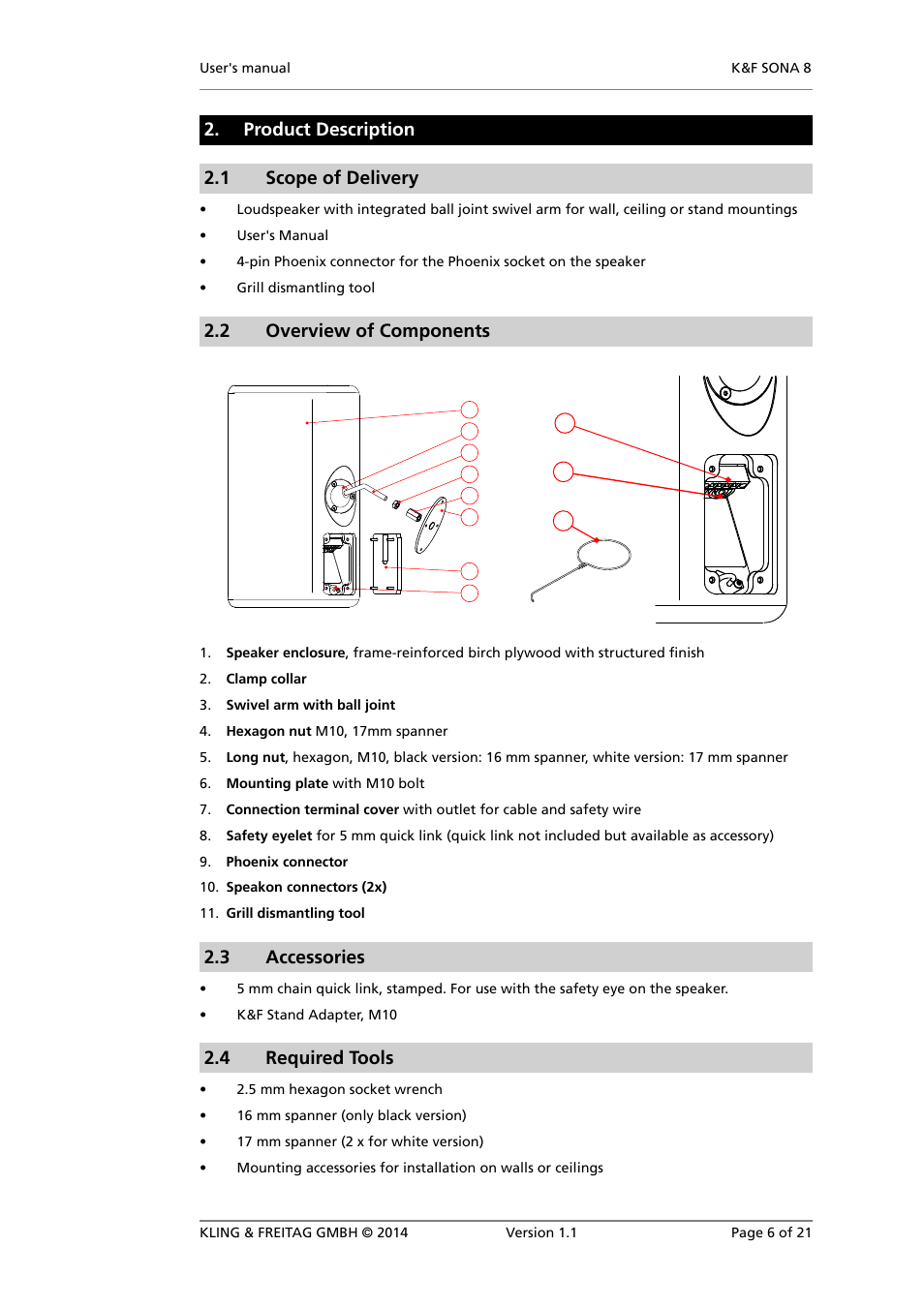 Product description, Scope of delivery, Overview of components | Accessories, Required tools, Safety instructions, Product description 2.1 scope of delivery, 2 overview of components, 3 accessories, 4 required tools | KLING & FREITAG K&F SONA 8 User Manual | Page 6 / 21