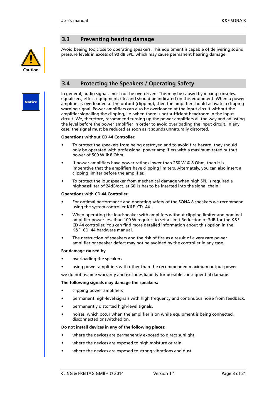 Protecting the speakers / operating safety, 3 preventing hearing damage, 4 protecting the speakers / operating safety | KLING & FREITAG K&F SONA 8 User Manual | Page 8 / 21