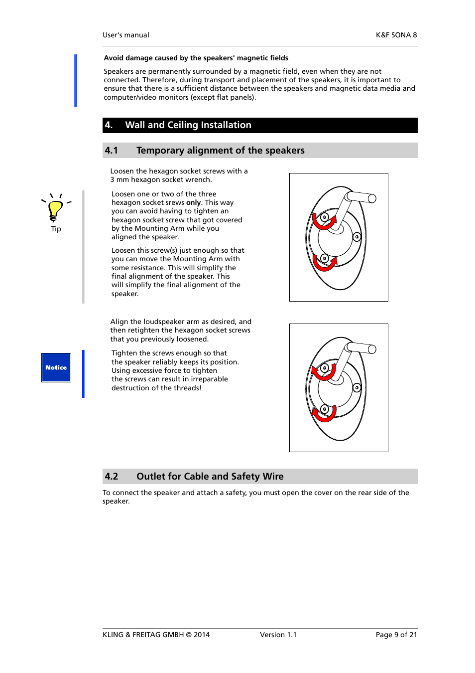 Wall and ceiling installation, Temporary alignment of the speakers, Outlet for cable and safety wire | 2 outlet for cable and safety wire | KLING & FREITAG K&F SONA 8 User Manual | Page 9 / 21