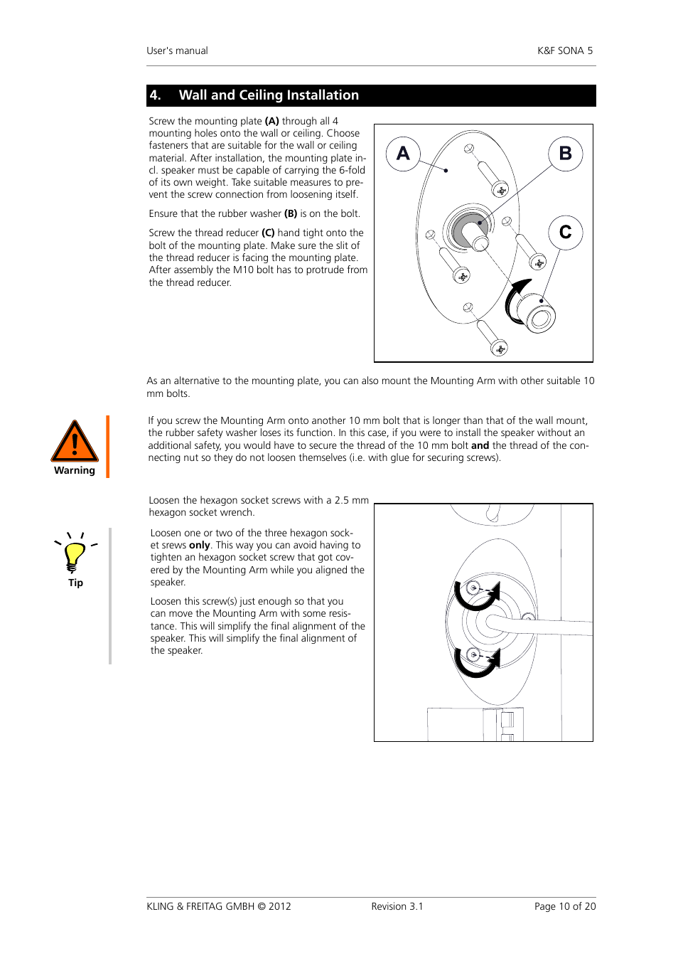 Wall�and�ceiling�installation | KLING & FREITAG K&F SONA 5 User Manual | Page 10 / 20
