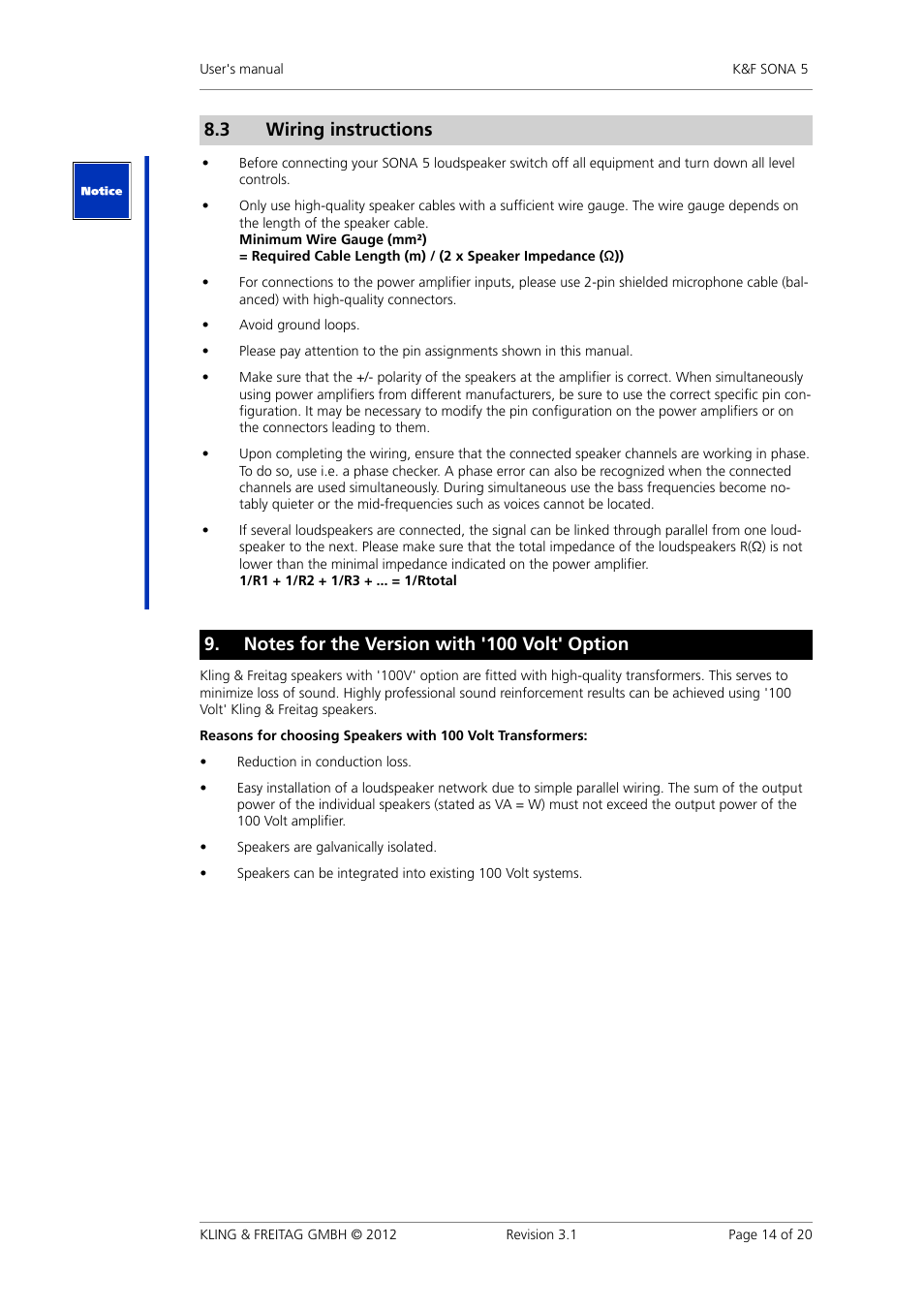 Notes for the version with '100 volt' option, Operating the speakers, Notes�for�the�version�with�'100�volt'�option | Operating�the�speakers, 3 wiring�instructions | KLING & FREITAG K&F SONA 5 User Manual | Page 14 / 20