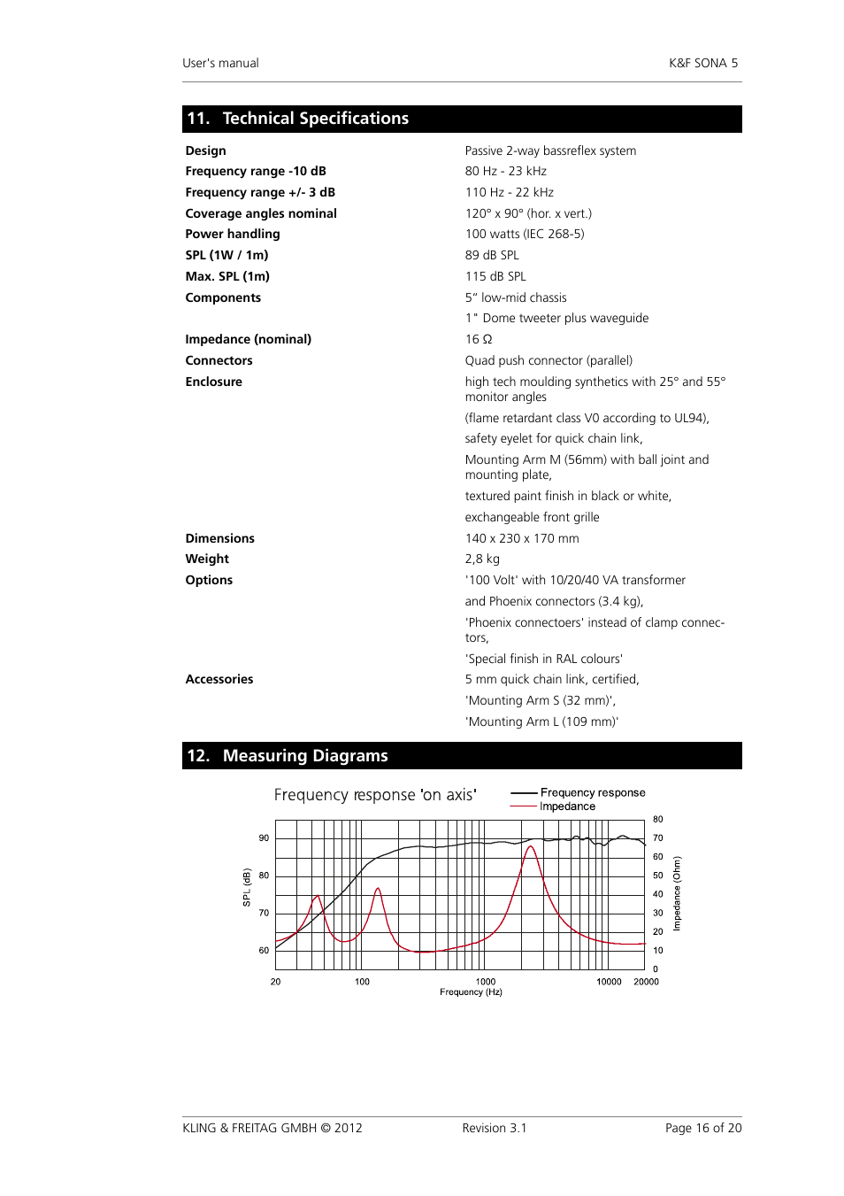 Technical specifications, Measuring diagrams, Technical�specifications | Measuring�diagrams | KLING & FREITAG K&F SONA 5 User Manual | Page 16 / 20