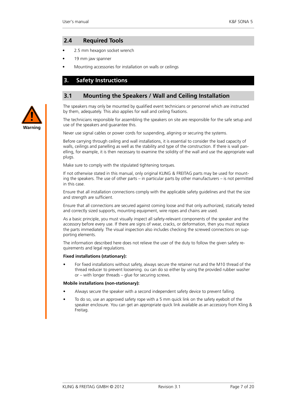 Required tools, Safety instructions, Required�tools | Safety�instructions, 4 required�tools | KLING & FREITAG K&F SONA 5 User Manual | Page 7 / 20