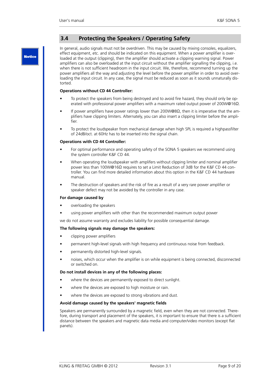 Wall and ceiling installation, Wall�and�ceiling�installation, 4 protecting�the�speakers�/�operating�safety | KLING & FREITAG K&F SONA 5 User Manual | Page 9 / 20