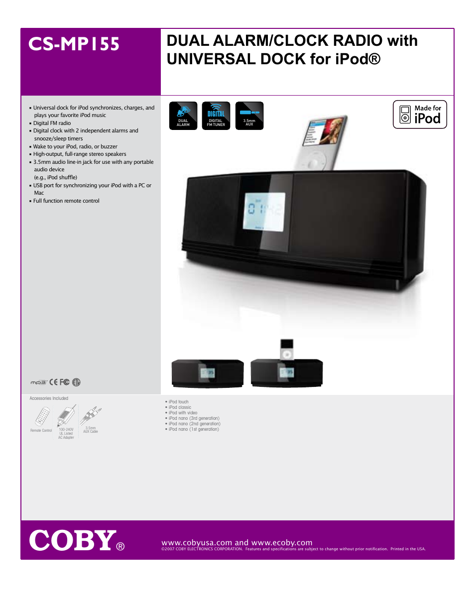 COBY CSMP155 User Manual | 1 page