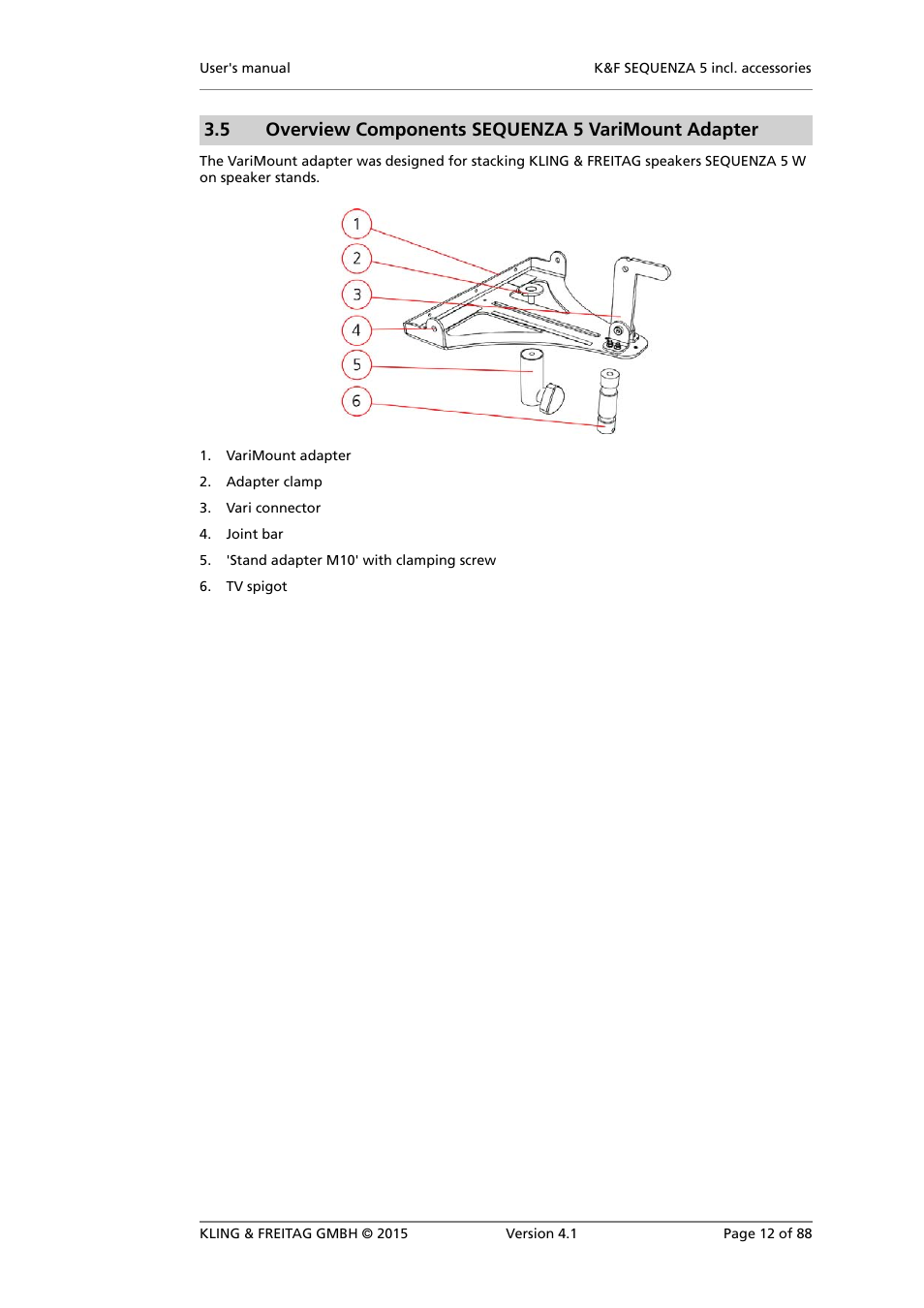 Overview components sequenza 5 varimount adapter, 5 overview components sequenza 5 varimount adapter | KLING & FREITAG K&F SEQUENZA 5 W User Manual | Page 12 / 88