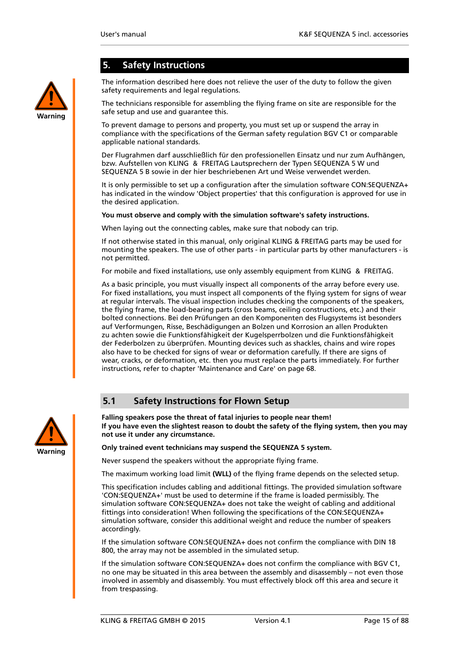 Safety instructions for flown setup, Safety instructions, 1 safety instructions for flown setup | KLING & FREITAG K&F SEQUENZA 5 W User Manual | Page 15 / 88