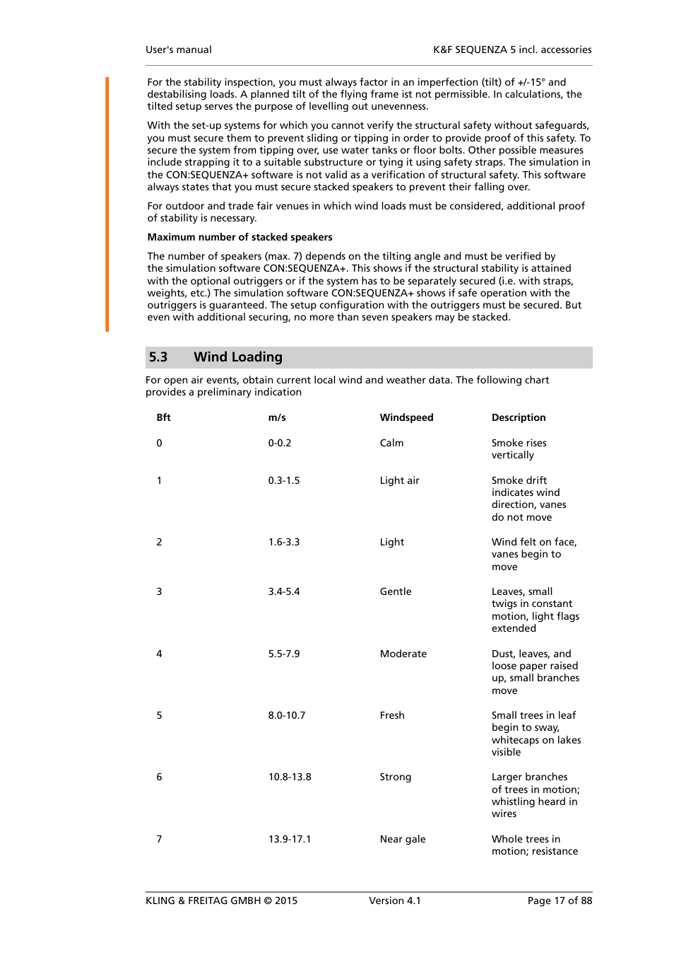 Wind loading, 3 wind loading | KLING & FREITAG K&F SEQUENZA 5 W User Manual | Page 17 / 88