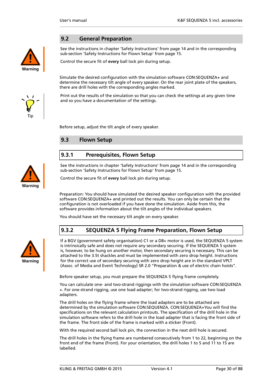 General preparation, Flown setup, Prerequisites, flown setup | Sequenza 5 flying frame preparation, flown setup, 2 general preparation, 3 flown setup 9.3.1 prerequisites, flown setup, 2 sequenza 5 flying frame preparation, flown setup | KLING & FREITAG K&F SEQUENZA 5 W User Manual | Page 30 / 88