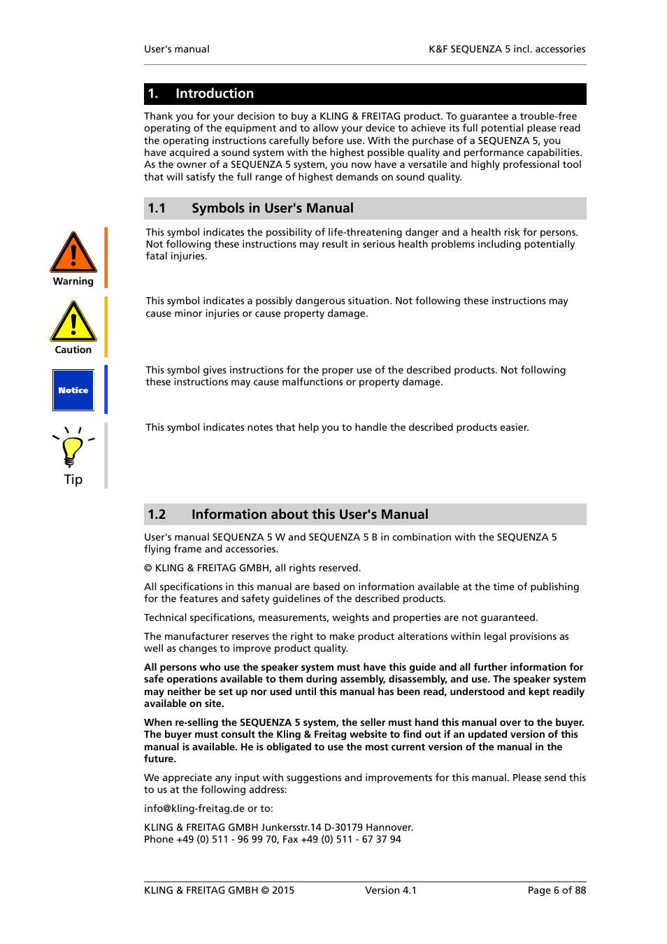 Introduction, Symbols in user's manual, Information about this user's manual | 1 symbols in user's manual, 2 information about this user's manual | KLING & FREITAG K&F SEQUENZA 5 W User Manual | Page 6 / 88