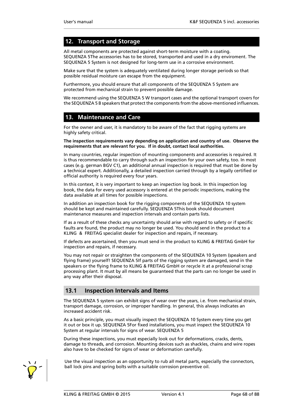 Transport and storage, Maintenance and care, Inspection intervals and items | 1 inspection intervals and items | KLING & FREITAG K&F SEQUENZA 5 W User Manual | Page 68 / 88