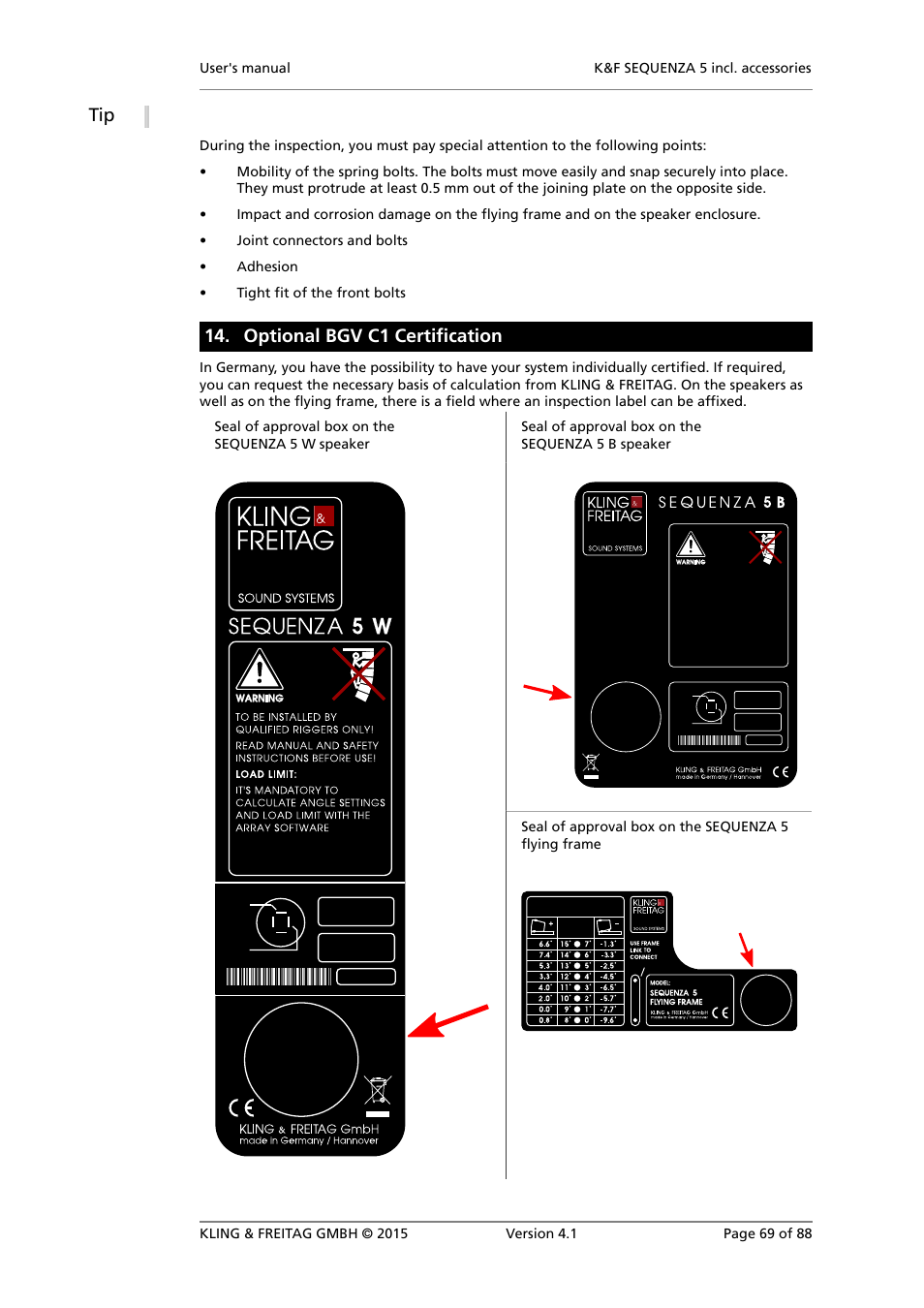 Optional bgv c1 certification | KLING & FREITAG K&F SEQUENZA 5 W User Manual | Page 69 / 88