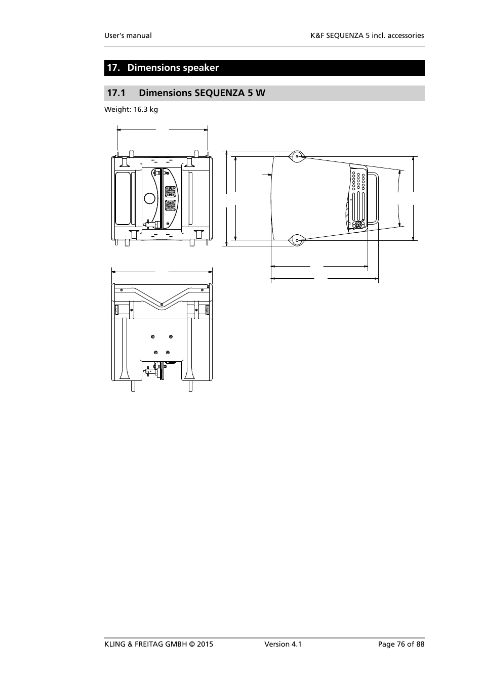 Dimensions speaker, Dimensions sequenza 5 w, Dimensions speaker 17.1 dimensions sequenza 5 w | KLING & FREITAG K&F SEQUENZA 5 W User Manual | Page 76 / 88