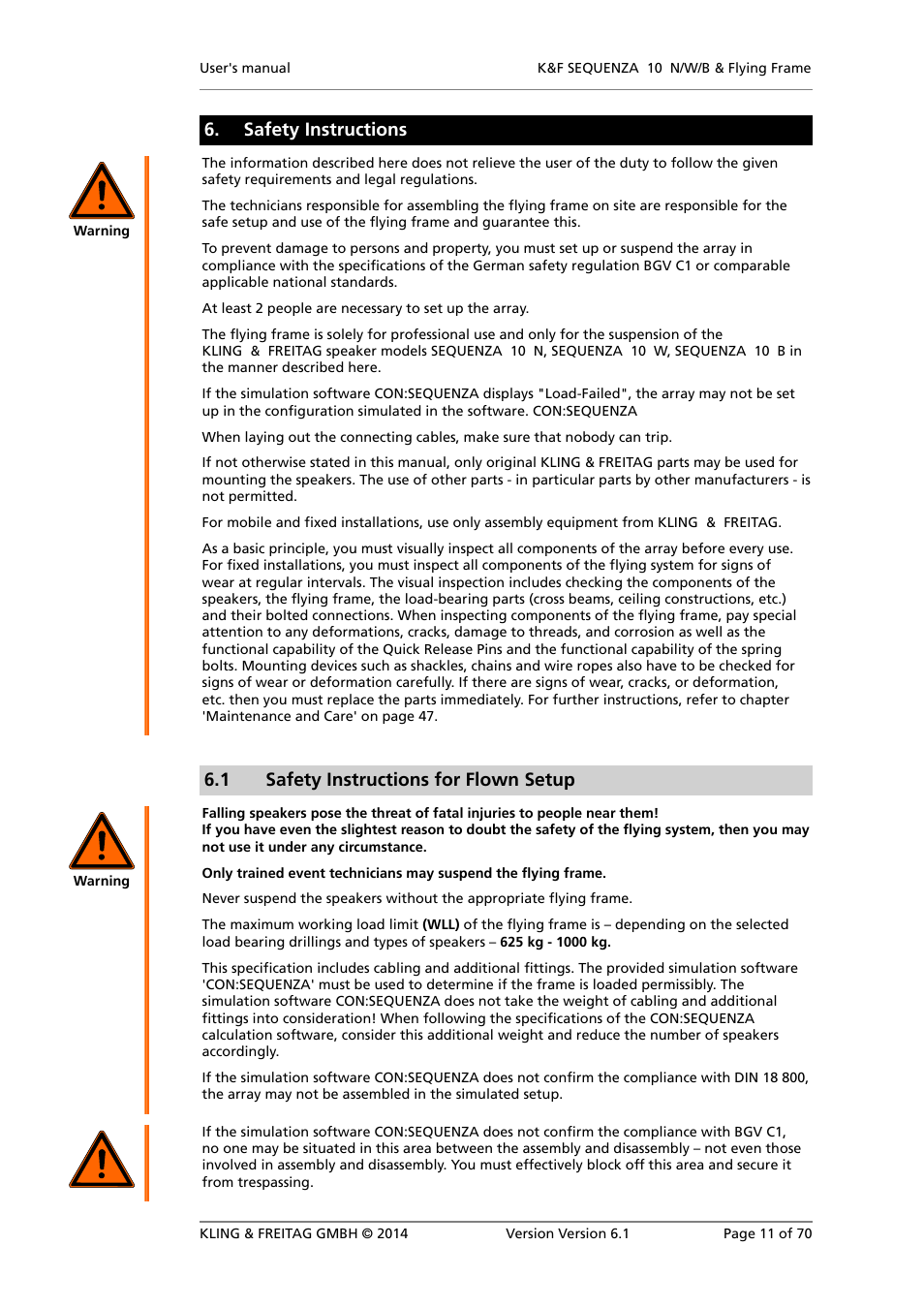 Safety instructions, Safety instructions for flown setup, 1 safety instructions for flown setup | KLING & FREITAG K&F SEQUENZA 10 W User Manual | Page 11 / 70
