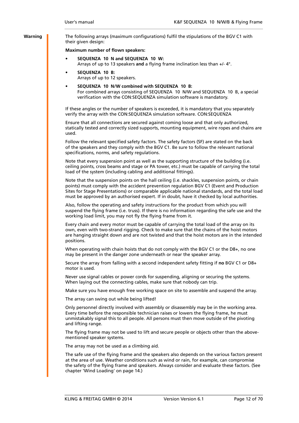 Safety instructions for stacked setups | KLING & FREITAG K&F SEQUENZA 10 W User Manual | Page 12 / 70