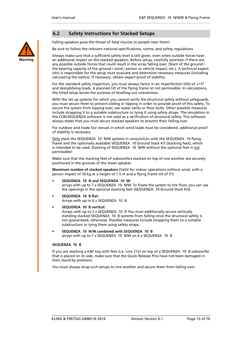 2 safety instructions for stacked setups | KLING & FREITAG K&F SEQUENZA 10 W User Manual | Page 13 / 70