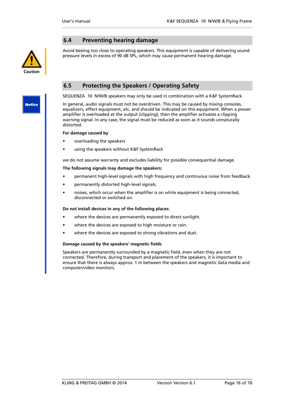 Preventing hearing damage, Protecting the speakers / operating safety, 4 preventing hearing damage | 5 protecting the speakers / operating safety | KLING & FREITAG K&F SEQUENZA 10 W User Manual | Page 16 / 70