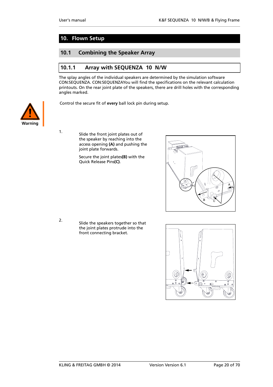Flown setup, Combining the speaker array, Array with sequenza 10 n/w | KLING & FREITAG K&F SEQUENZA 10 W User Manual | Page 20 / 70