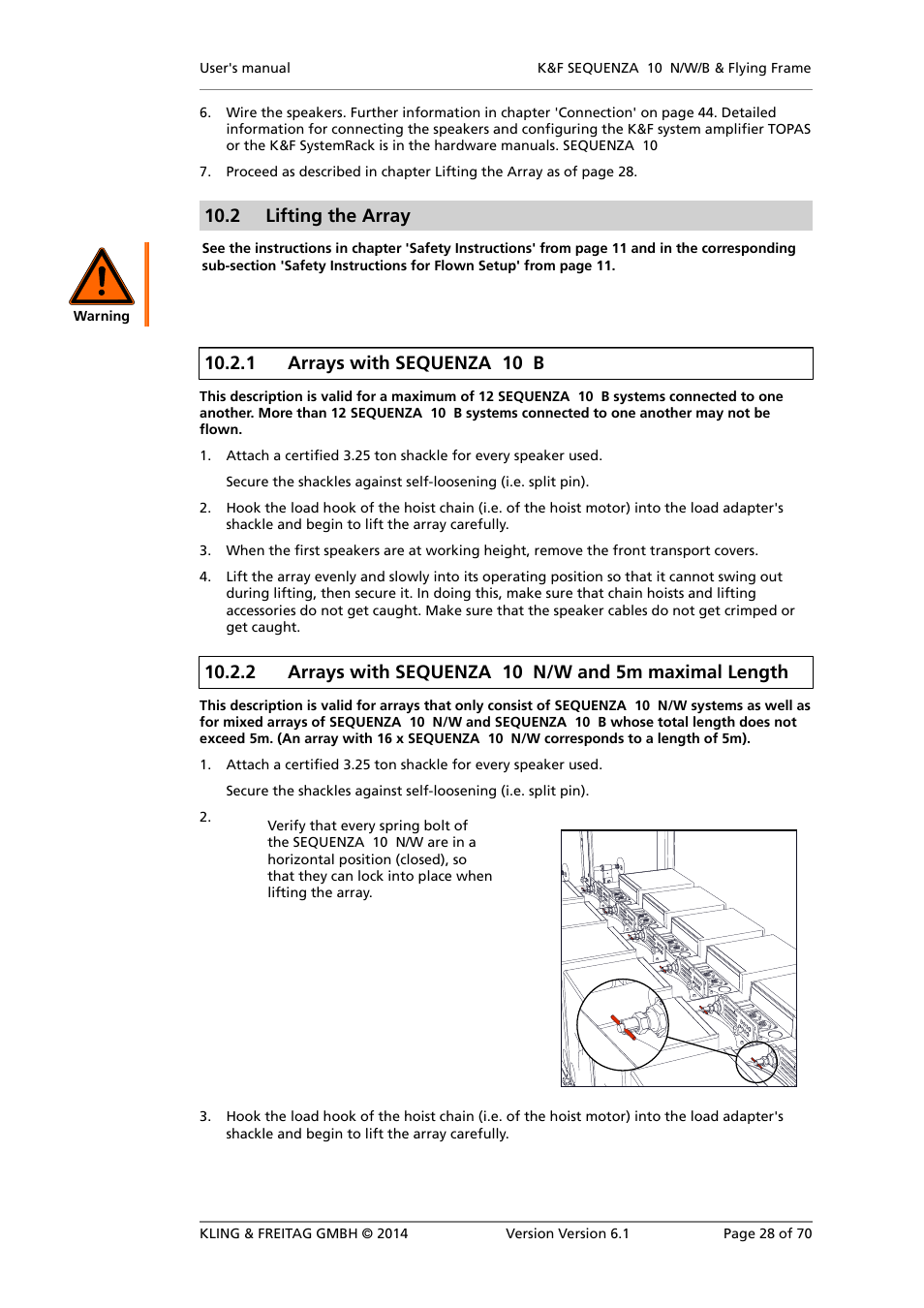 Lifting the array, Arrays with sequenza 10 b, Arrays with sequenza 10 n/w and 5m maximal length | 2 lifting the array, 1 arrays with sequenza 10 b | KLING & FREITAG K&F SEQUENZA 10 W User Manual | Page 28 / 70