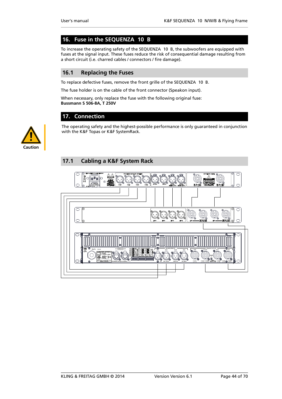 Fuse in the sequenza 10 b, Replacing the fuses, Connection | Cabling a k&f system rack | KLING & FREITAG K&F SEQUENZA 10 W User Manual | Page 44 / 70