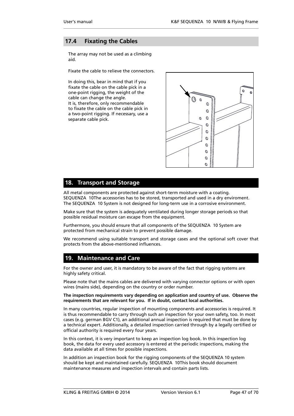 Fixating the cables, Transport and storage, Maintenance and care | 4 fixating the cables | KLING & FREITAG K&F SEQUENZA 10 W User Manual | Page 47 / 70