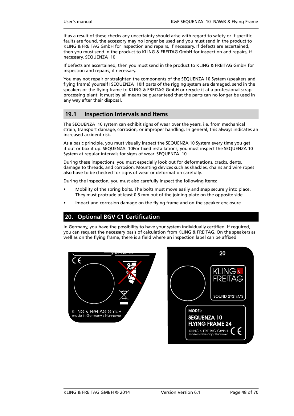 Inspection intervals and items, Optional bgv c1 certification, 1 inspection intervals and items | KLING & FREITAG K&F SEQUENZA 10 W User Manual | Page 48 / 70