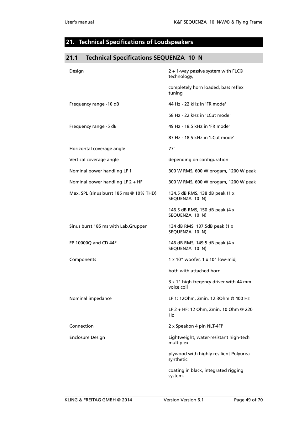 Technical specifications of loudspeakers, Technical specifications sequenza 10 n | KLING & FREITAG K&F SEQUENZA 10 W User Manual | Page 49 / 70