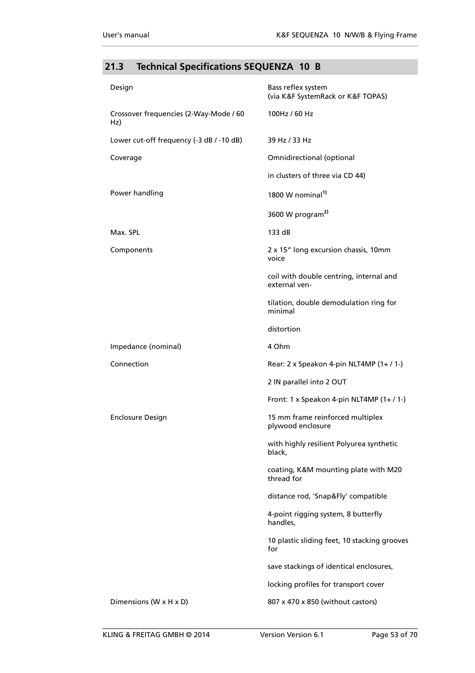 Technical specifications sequenza 10 b, 3 technical specifications sequenza 10 b | KLING & FREITAG K&F SEQUENZA 10 W User Manual | Page 53 / 70