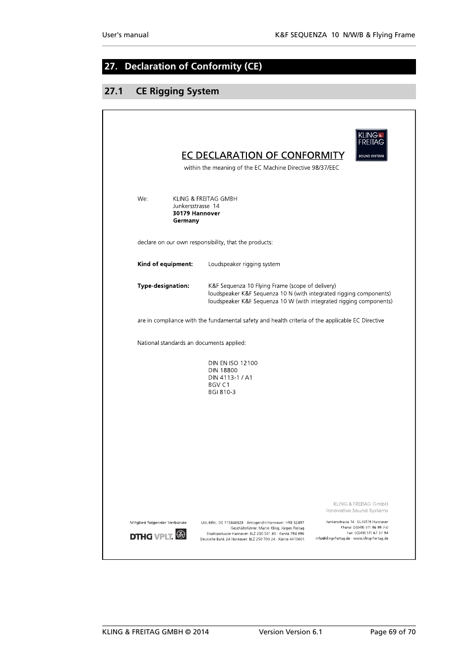 Declaration of conformity (ce), Ce rigging system | KLING & FREITAG K&F SEQUENZA 10 W User Manual | Page 69 / 70