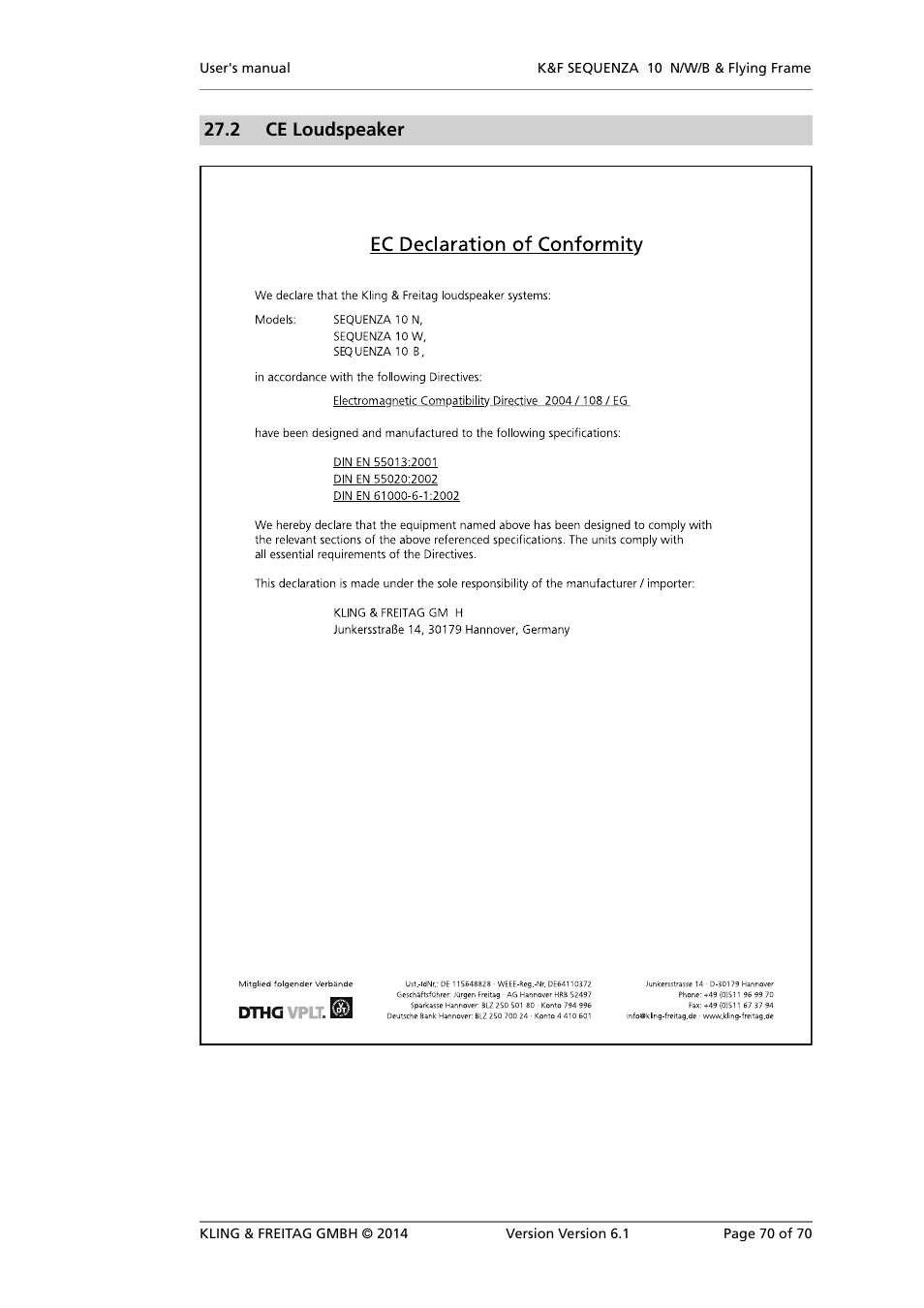 Ce loudspeaker, 2 ce loudspeaker | KLING & FREITAG K&F SEQUENZA 10 W User Manual | Page 70 / 70