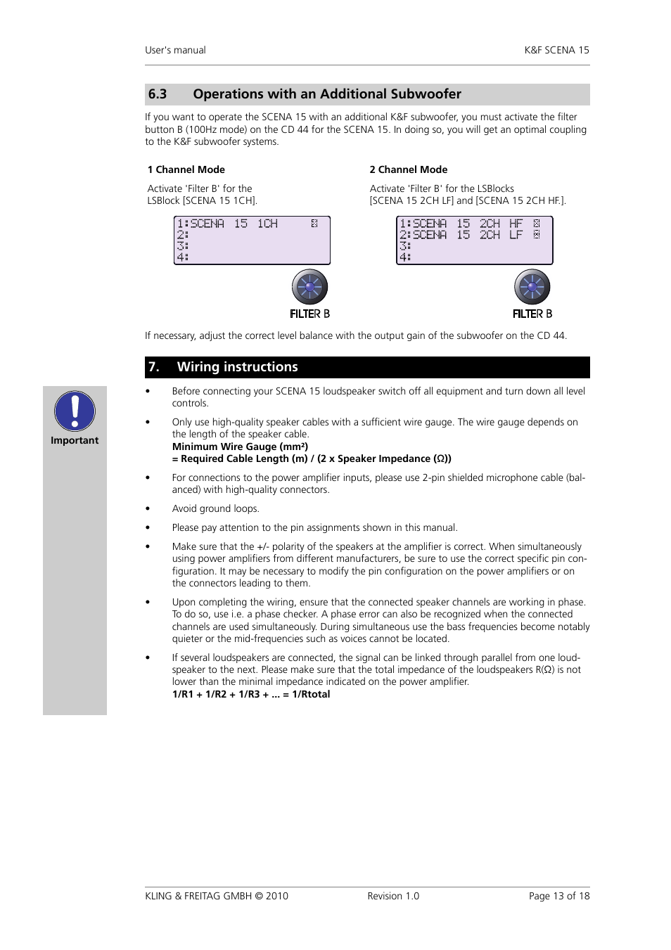 Operations with an additional subwoofer, Wiring instructions, Operating the speakers | Wiring�instructions, Operating�the�speakers, 3 operations�with�an�additional�subwoofer | KLING & FREITAG K&F SCENA 15 User Manual | Page 13 / 18