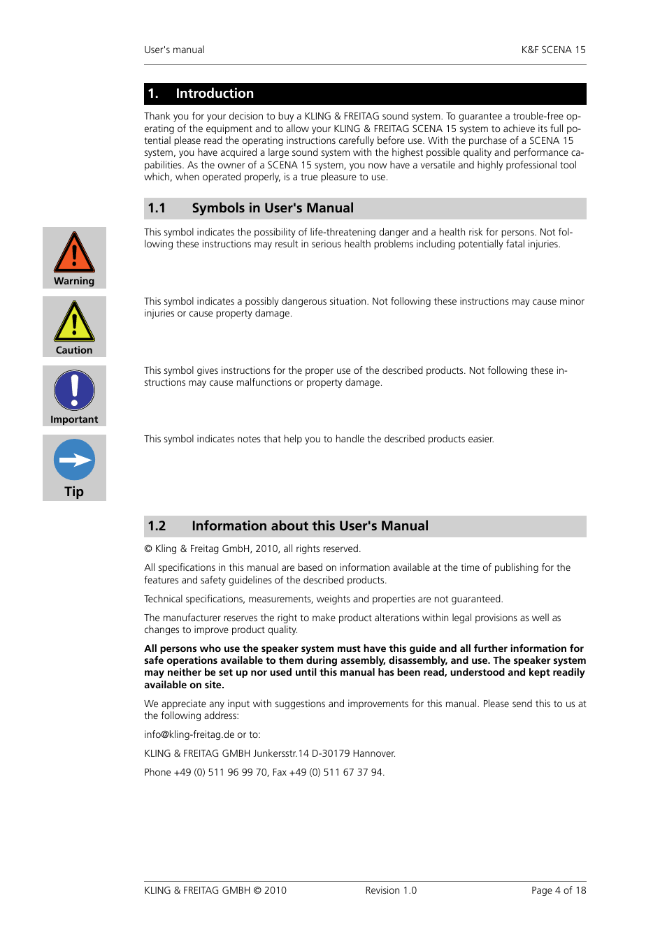 Introduction, Symbols in user's manual, Information about this user's manual | 1 symbols�in�user's�manual, 2 information�about�this�user's�manual | KLING & FREITAG K&F SCENA 15 User Manual | Page 4 / 18