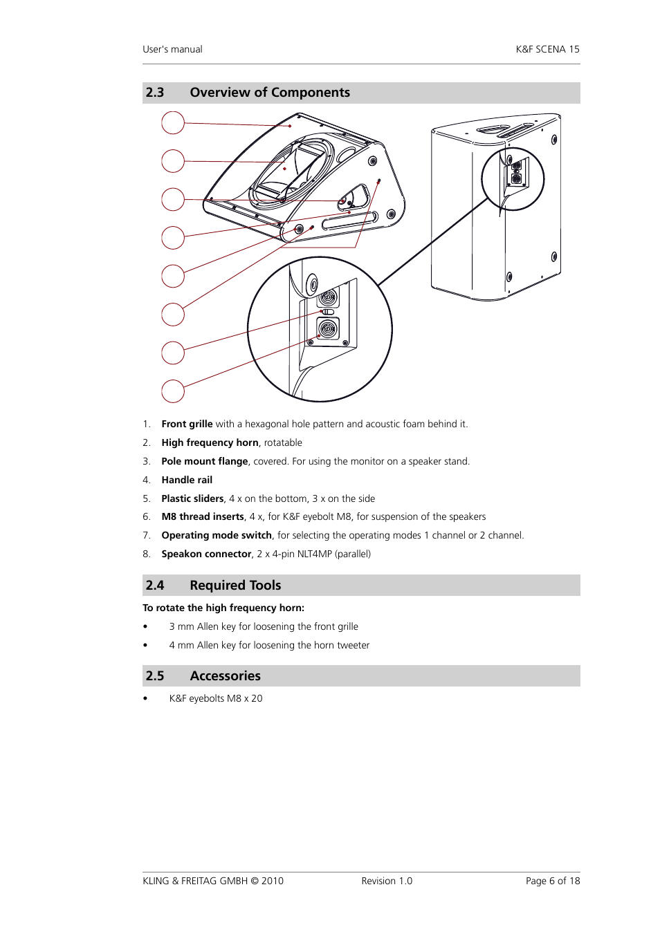 Overview of components, Required tools, Accessories | 3 overview�of�components, 4 required�tools, 5 accessories | KLING & FREITAG K&F SCENA 15 User Manual | Page 6 / 18