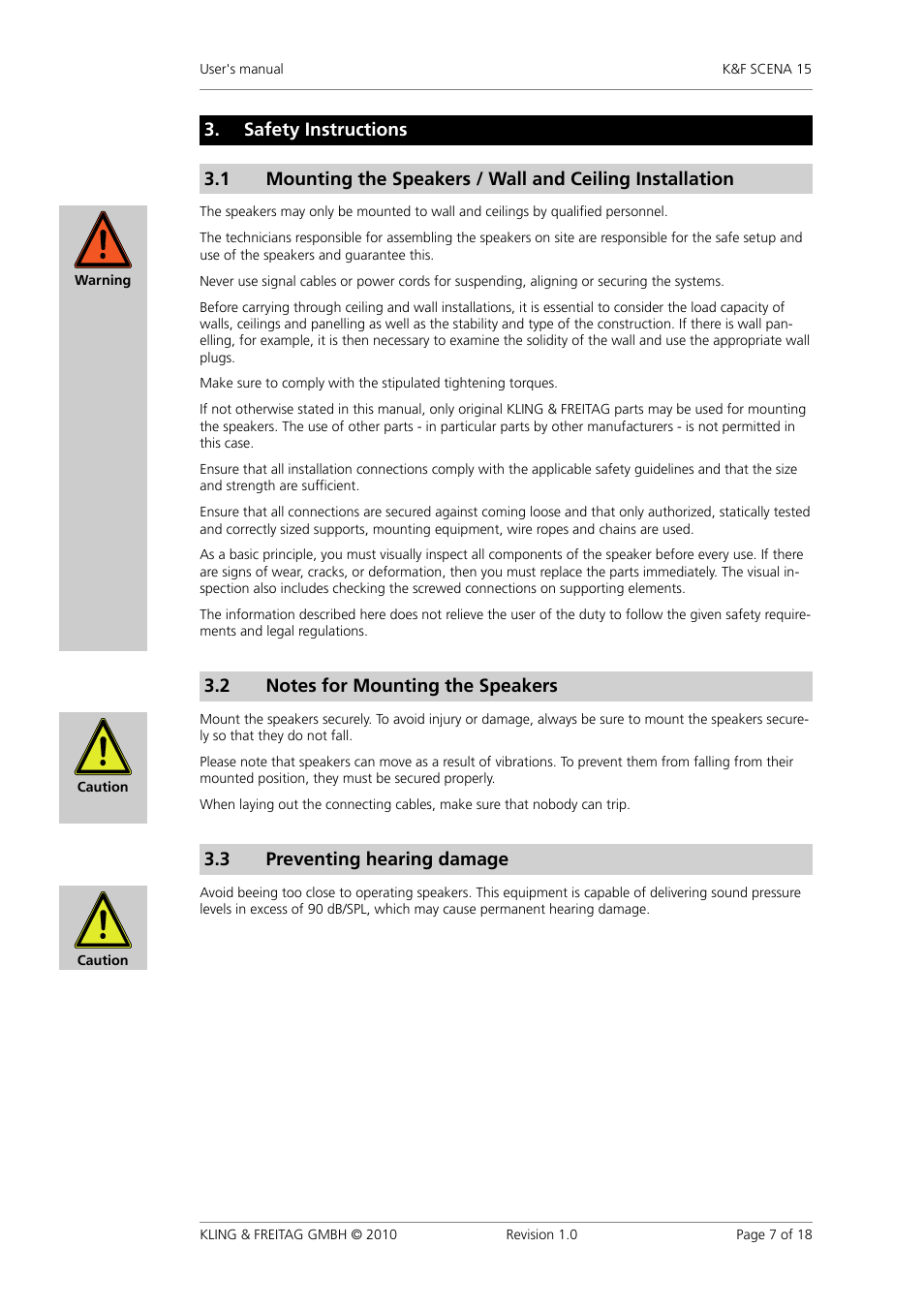 Safety instructions, Notes for mounting the speakers, Preventing hearing damage | Protecting the speakers / operating safety, Safety�instructions, 3 preventing�hearing�damage | KLING & FREITAG K&F SCENA 15 User Manual | Page 7 / 18