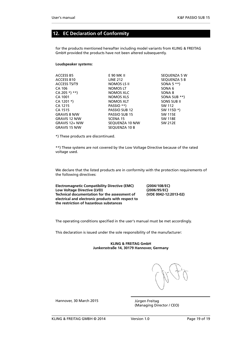Ec declaration of conformity | KLING & FREITAG K&F PASSIO SUB 15 User Manual | Page 19 / 19