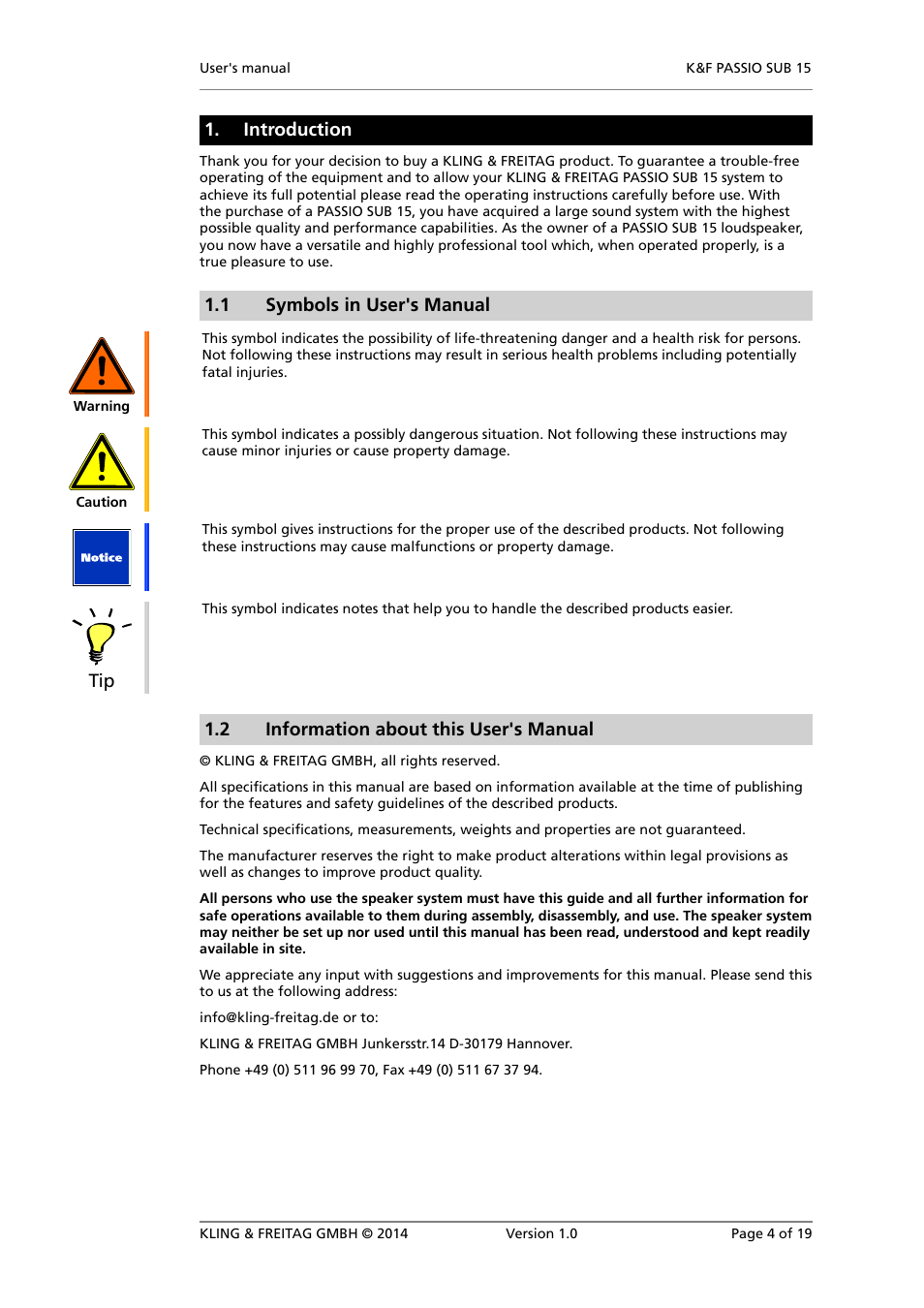 Introduction, Symbols in user's manual, Information about this user's manual | 1 symbols in user's manual, 2 information about this user's manual | KLING & FREITAG K&F PASSIO SUB 15 User Manual | Page 4 / 19