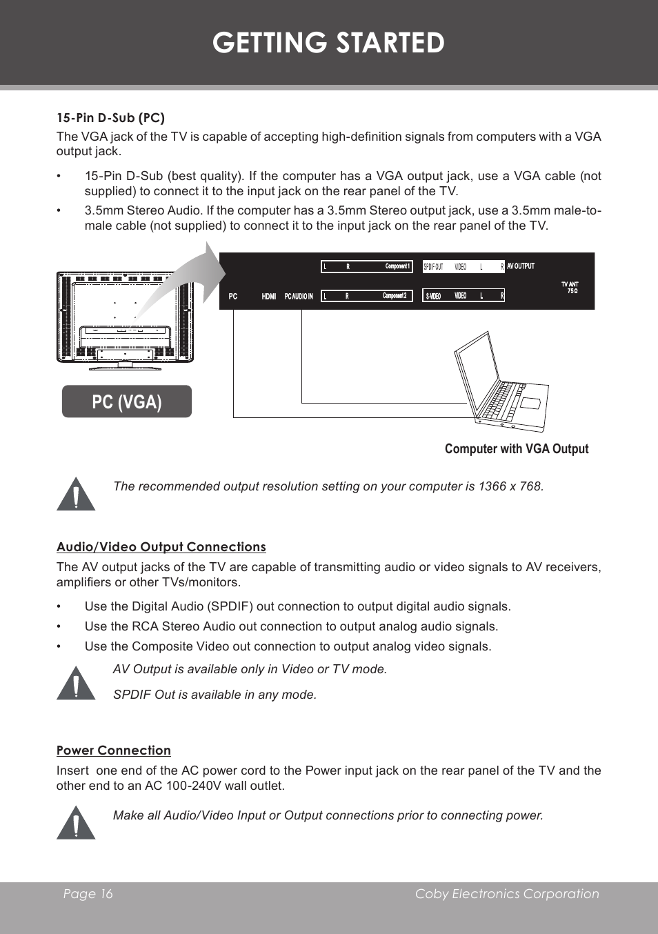 Pin d-sub (pc), Audio/video output connections, Power connection | Getting started, Pc (vga) | COBY electronic TF-TV2707 User Manual | Page 16 / 32