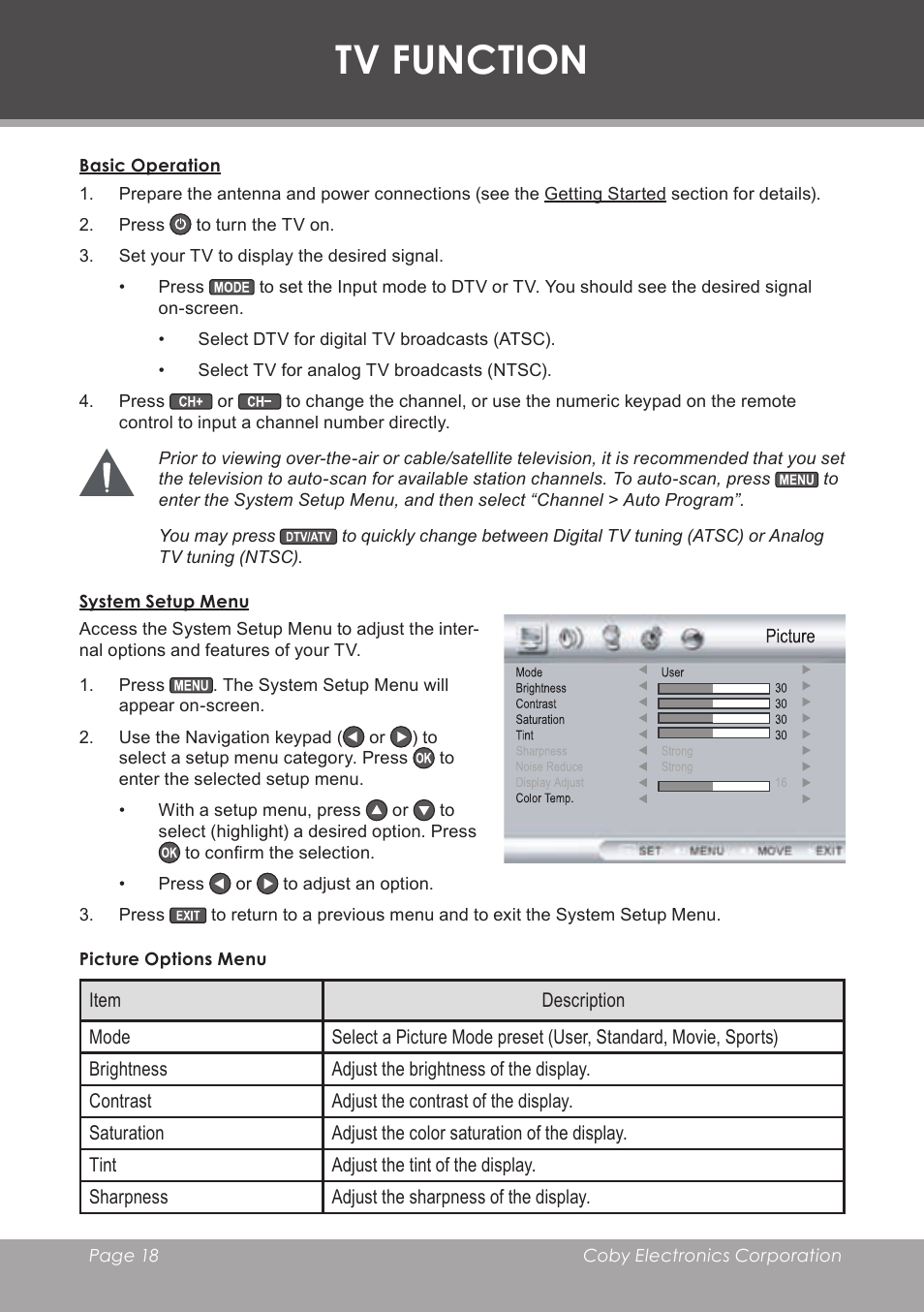 Tv function, Basic operation, System setup menu | Picture options menu | COBY electronic TF-TV2707 User Manual | Page 18 / 32