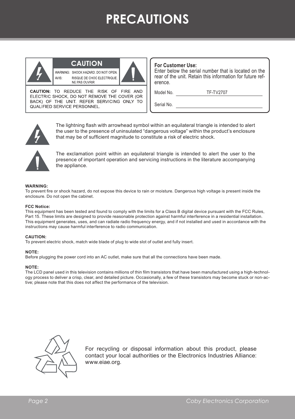 Precautions | COBY electronic TF-TV2707 User Manual | Page 2 / 32