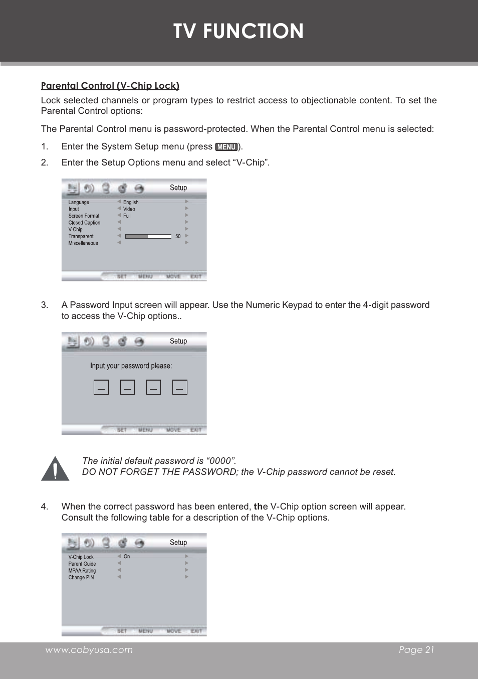 Parental control (v-chip lock), Tv function | COBY electronic TF-TV2707 User Manual | Page 21 / 32