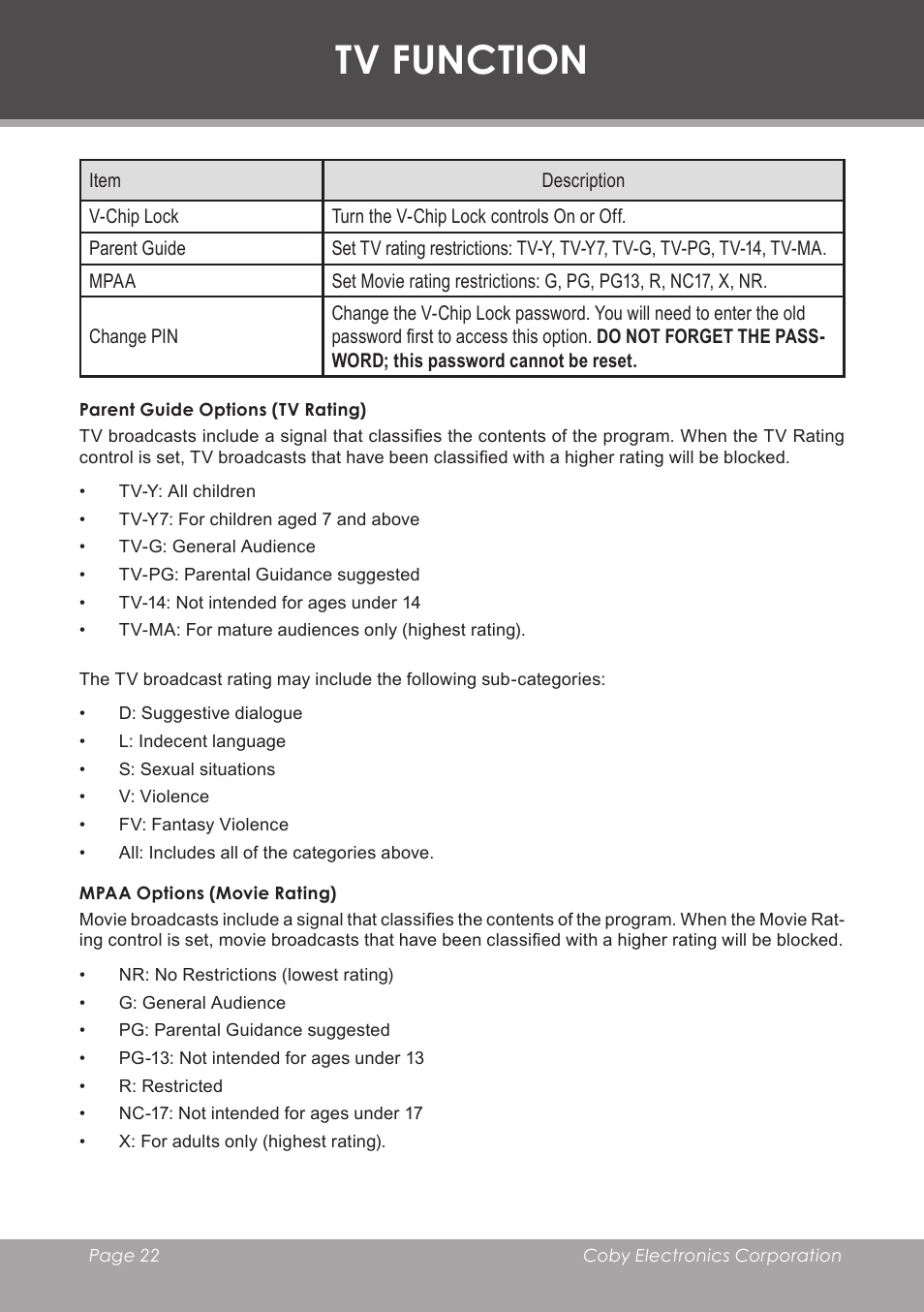 Parent guide options (tv rating), Mpaa options (movie rating), Tv function | COBY electronic TF-TV2707 User Manual | Page 22 / 32