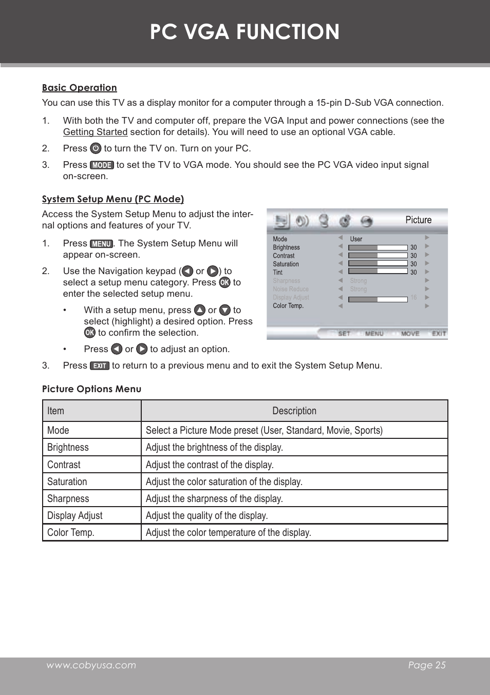 Pc vga function, Basic operation, System setup menu (pc mode) | Picture options menu | COBY electronic TF-TV2707 User Manual | Page 25 / 32