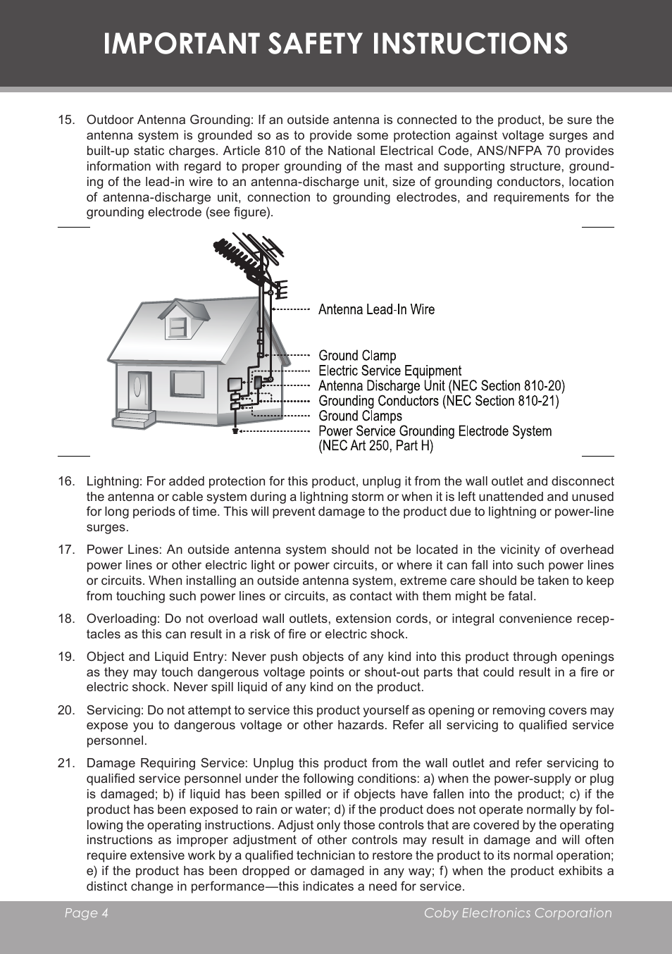 Important safety instructions | COBY electronic TF-TV2707 User Manual | Page 4 / 32