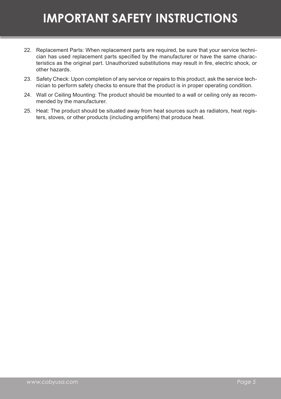 Important safety instructions | COBY electronic TF-TV2707 User Manual | Page 5 / 32