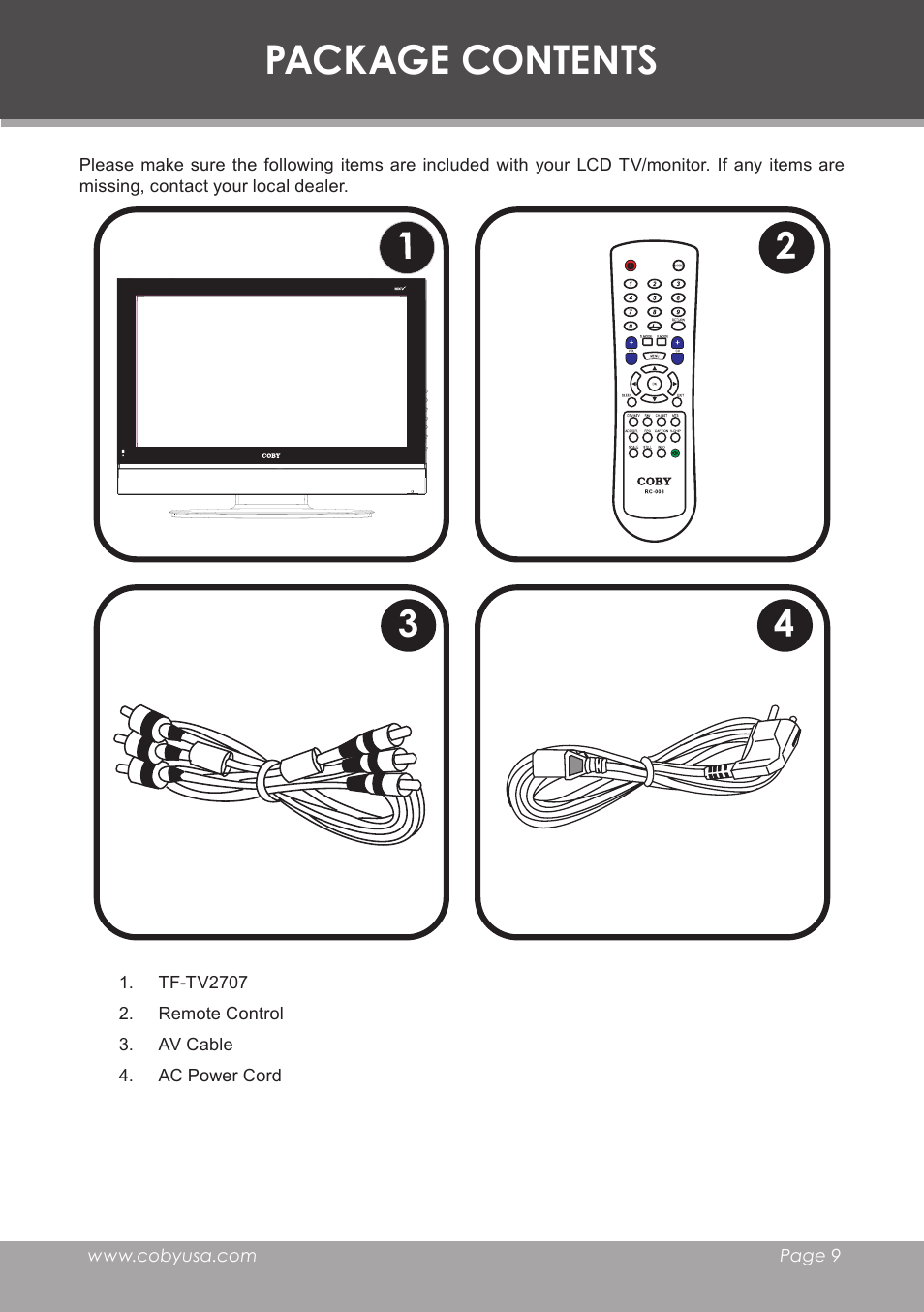 Package contents | COBY electronic TF-TV2707 User Manual | Page 9 / 32