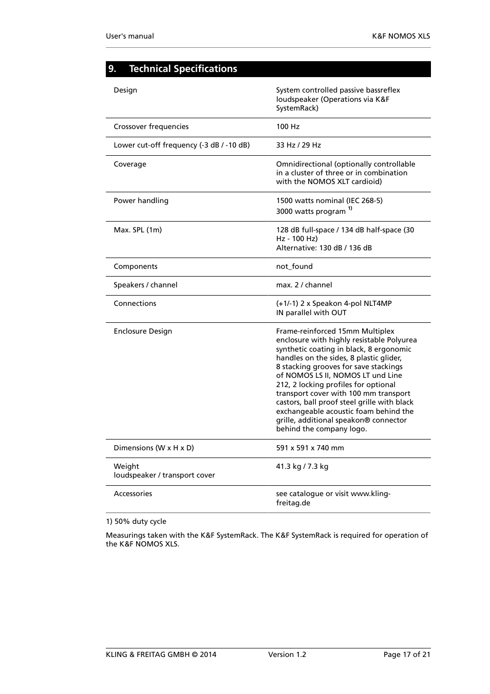 Technical specifications | KLING & FREITAG K&F NOMOS XLS User Manual | Page 17 / 21