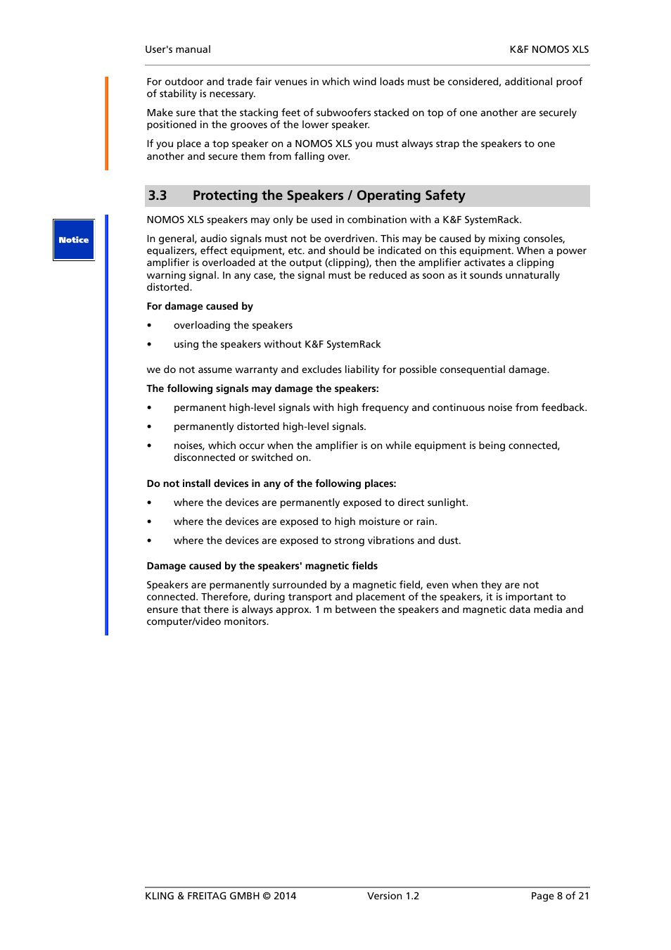 Protecting the speakers / operating safety, 3 protecting the speakers / operating safety | KLING & FREITAG K&F NOMOS XLS User Manual | Page 8 / 21